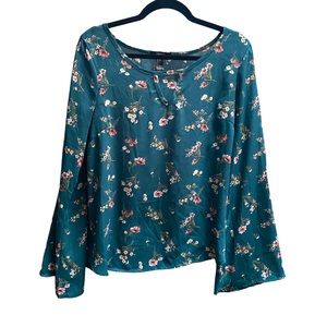 🖤5/$20 Teal Floral Bell Sleeve Keyhole Neck Long Sleeve Blouse